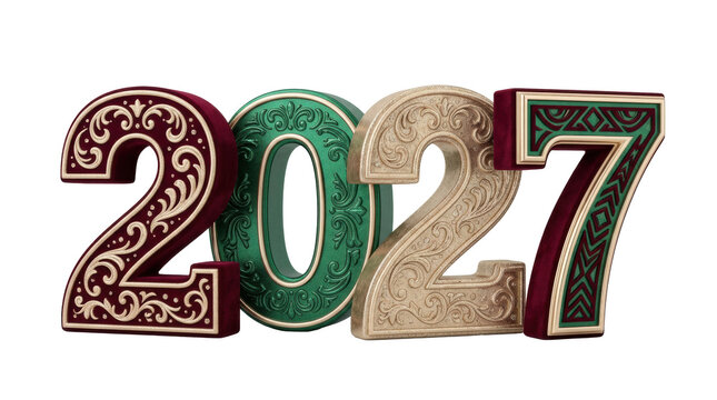 Luxurious decorative numbers 2027 crafted with rich velvet, shimmering gold, and intricate patterns, symbolizing elegance and the upcoming new year.