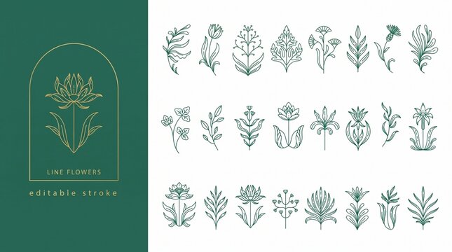 Minimalist botanical line art icons, 24 floral design elements for branding, elegant green flower illustrations, editable stroke vector graphics