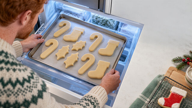 Man putting baking sheet of cookie dough into freezer drawer
