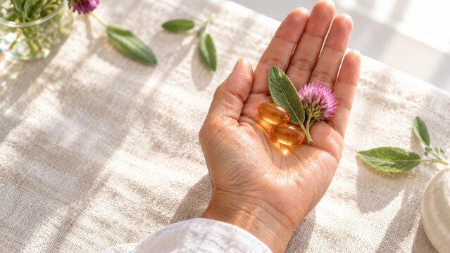 Soft natural light shines on hand holding wellness supplements with green leaf and pink flower creating calm and healthy atmosphere