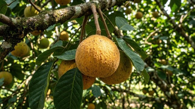 Ripe santol fruits hang from a tree branch surrounded by lush green leaves in a tropical orchard setting