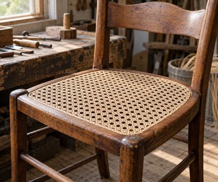 Restored wooden chair with cane webbing seat in furniture workshop