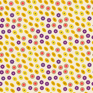 Geometric pattern with yellow ovals, red circles, and purple gears