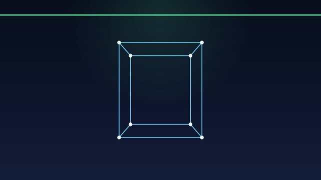 A wireframe solid turning under a scan line, seamless loop