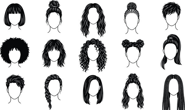 Collection of hairstyles black vector silhouettes 