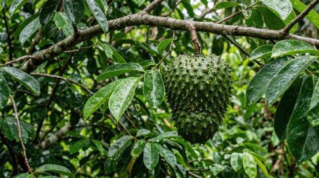 Spiky green soursop fruit hanging from a branch of a tree surrounded by lush green foliage after rain