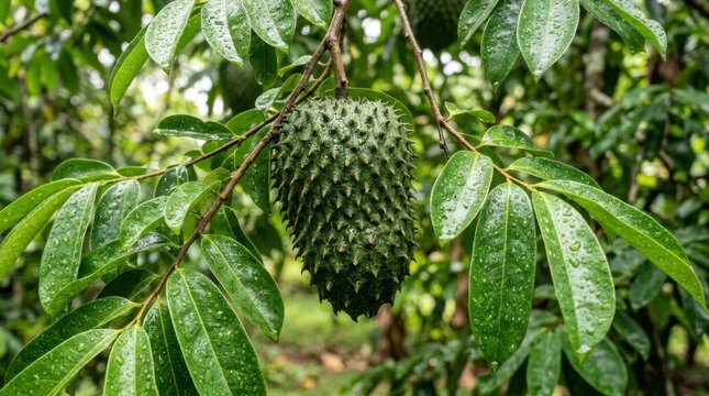 Close up of a soursop fruit hanging from a branch covered in fresh rainwater in a natural environment
