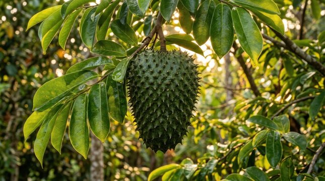 Close up of a thorny green soursop fruit hanging from a branch among lush leaves in a tropical forest