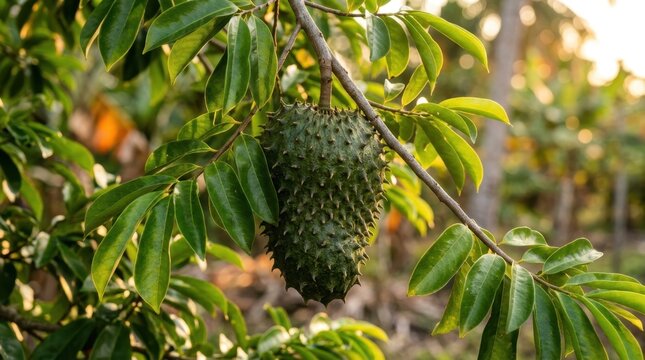 Close up of a soursop fruit hanging from a branch of a tree in a tropical orchard during daytime