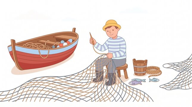 Traditional fisherman mending large fishing net, nautical mariner with wooden boat and sea equipment, maritime worker illustration on white background