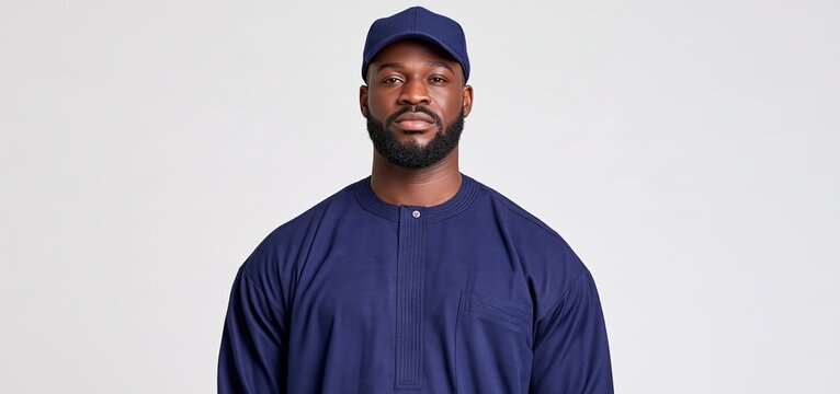 African man in traditional navy agbada and matching cap, standing before a light backdrop for a cultural heritage celebration.