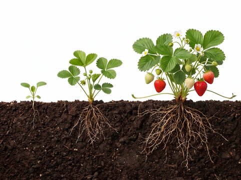 Strawberry Plant Growth Stages Three Phases from Seedling to Flowering and Fruiting in Soil Roots System