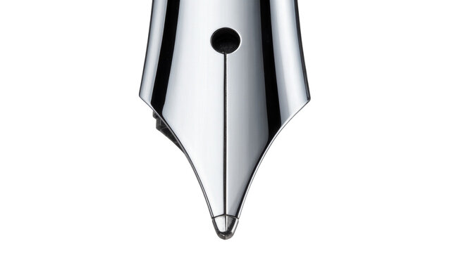 Polished chrome fountain pen nib with black ink reservoir, isolated on transparent background