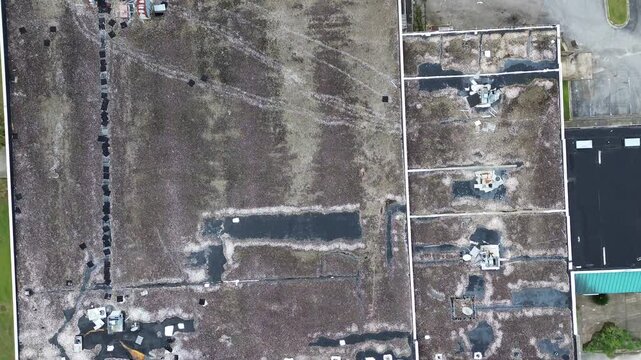 Rainwater puddles collect along deteriorating gravel roof membranes across disused store units along Charleston. Overgrown weed patches encroach upon vacant delivery corridors, South Carolina