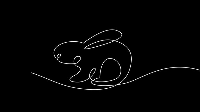 Continuous Line Art Animation of a Minimalist White Rabbit Drawing on Black Background