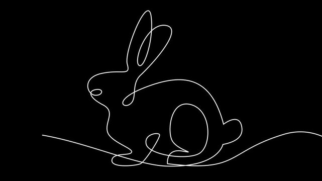 Continuous Line Drawing of a Minimalist Rabbit, White Animal Illustration on Black Background