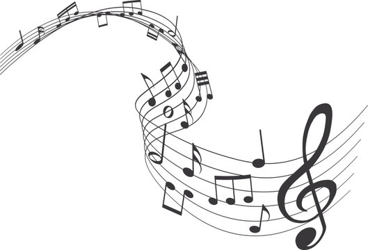 Abstract music notes and clef on wavy pentagram lines for musical stave composition and creative sound design
