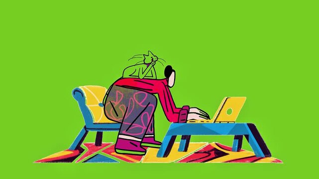 Colorful vector illustration of a person working on a laptop at home with a pet cat.  