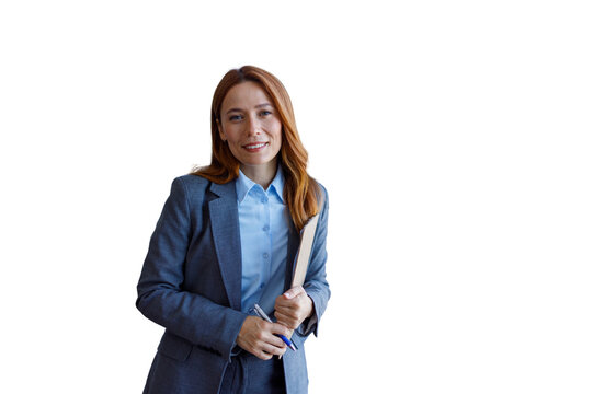 Confident businesswoman smiling holding clipboard and pen on transparent background