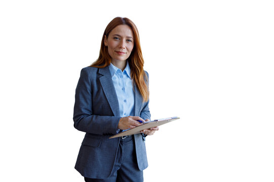Professional woman holding clipboard on transparent background