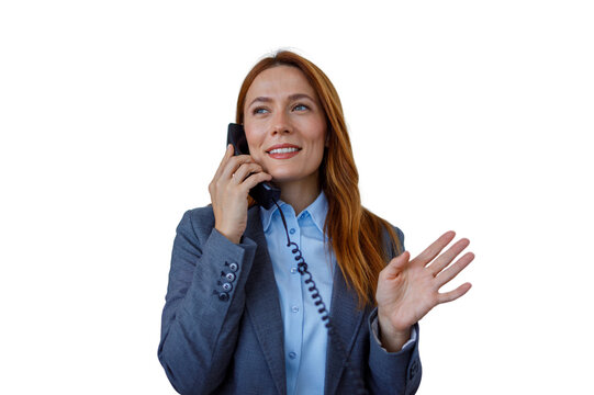 Businesswoman talking on landline telephone providing customer support