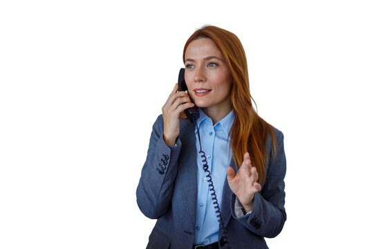 Businesswoman talking on landline telephone, communicating professionally