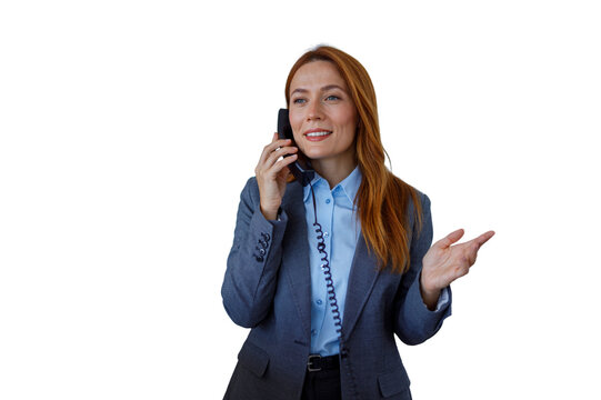 Businesswoman talking on landline telephone providing customer service