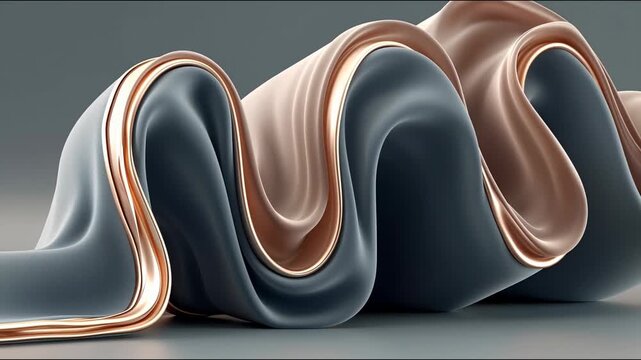 Abstract 3D wave animation featuring flowing layers of metallic copper and matte slate grey textures.