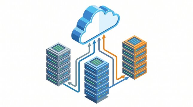 Isometric cloud computing server architecture diagram with data