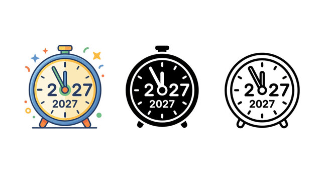 Colorful alarm clock design showcasing the year 2027 in three different styles