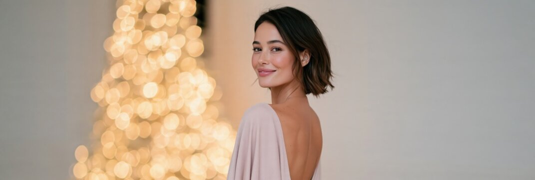 Elegant woman in backless evening dress with christmas tree bokeh background for holiday portrait banner