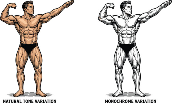 Muscular bodybuilder vector engraving set showing a man striking a classic pose in color and monochrome line art variations