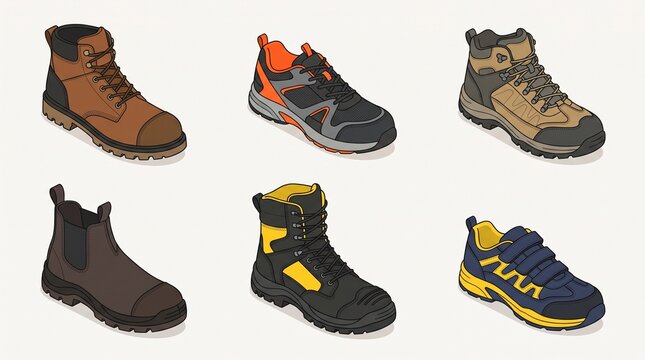 flat vector illustration collection of various work boot styles