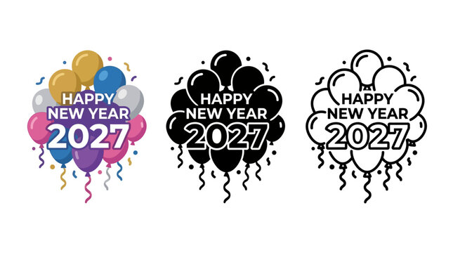 Colorful celebration balloons with Happy New Year 2027 message for festive occasions