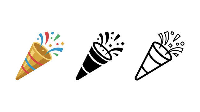 Colorful party poppers exploding with confetti in various styles and designs for celebrations