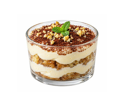 Delicious tiramisu dessert in a glass cup isolated on white background