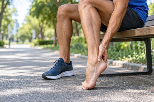 Adult man sits on a park bench holding his painful ankle after exercise. Athletic shoes, bare foot, and outdoor walking path are visible.