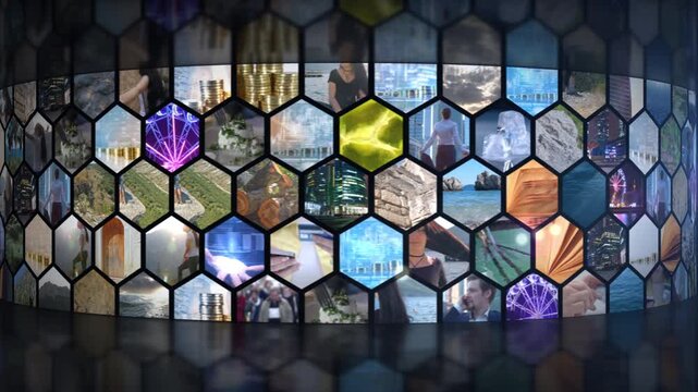 Hexagonal video wall displaying diverse digital content media