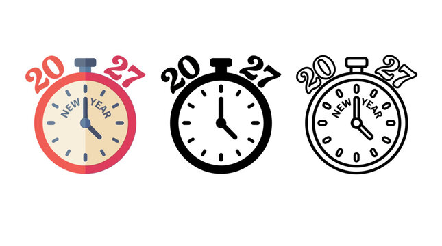Set of three colorful new year countdown clocks showing twenty twenty seven time symbols