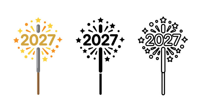Set of three colorful party elements with 2027 date and festive fireworks design
