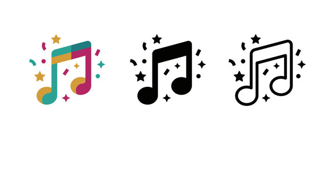Three colorful music note icons with festive elements and transparent backgrounds for design needs