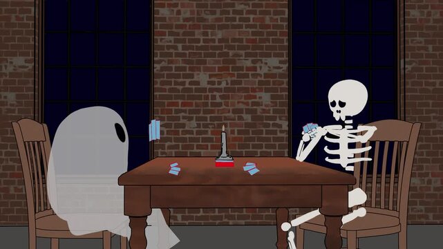 Funny cartoon animation of a ghost and skeleton playing cards startled by a girl