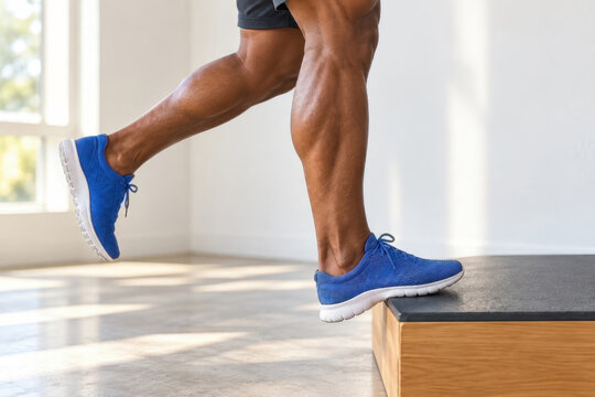 Athlete wearing blue training shoes steps onto a platform in a bright indoor gym. The close-up highlights leg strength, balance, and fitness training.