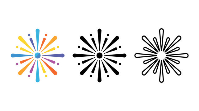 Three colorful starburst illustrations in different color schemes on white background