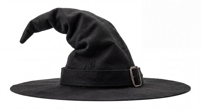 Classic black witch hat isolated PNG, pointed wizard hat with belt and buckle on transparent background, Halloween costume accessory, 4k Resolution