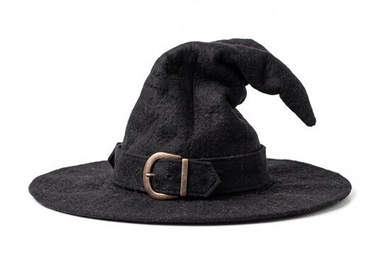 Classic black witch hat isolated PNG, pointed wizard hat with belt and buckle on transparent background, Halloween costume accessory, 8k Resolution