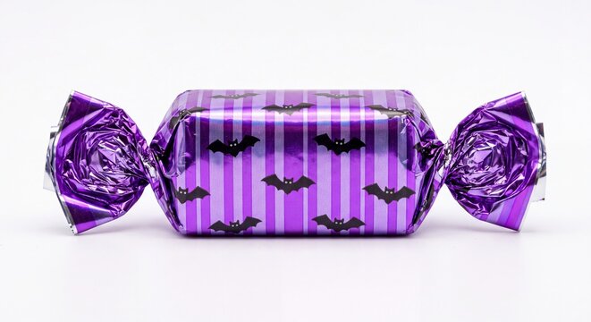 Halloween sweet candy isolated PNG, purple foil wrapped treat on white background, trick or treat snack, 4k Resolution