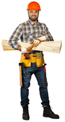 Construction worker carrying wooden boards at a job site during daytime