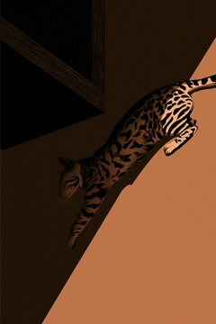 Bengal cat leaping toward high dark wooden shelf casting dynamic silhouette