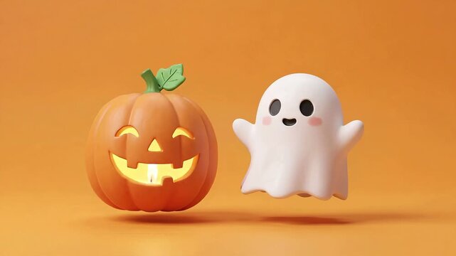 A cute jack o lantern pumpkin and a small white ghost floating on orange background with smiling carved pumpkin friendly ghost hover against solid orange studio backdrop, 4k video